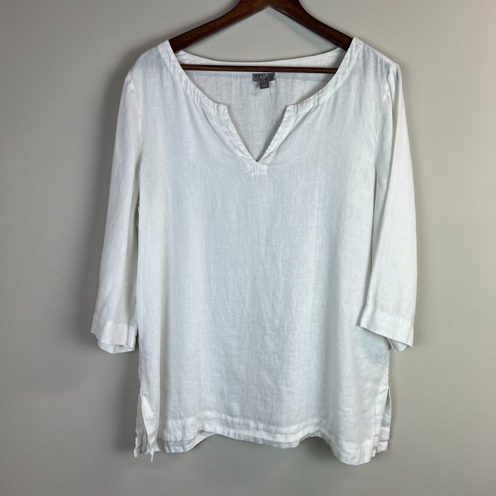 J Jill 100% Linen Tunic Top‎ Womens Large Ivory 3/4 Sleeves Coastal Side Slits L